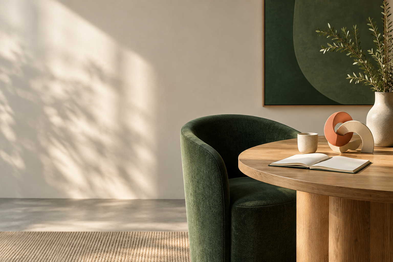 A calm leadership workspace with a green chair and connected forms