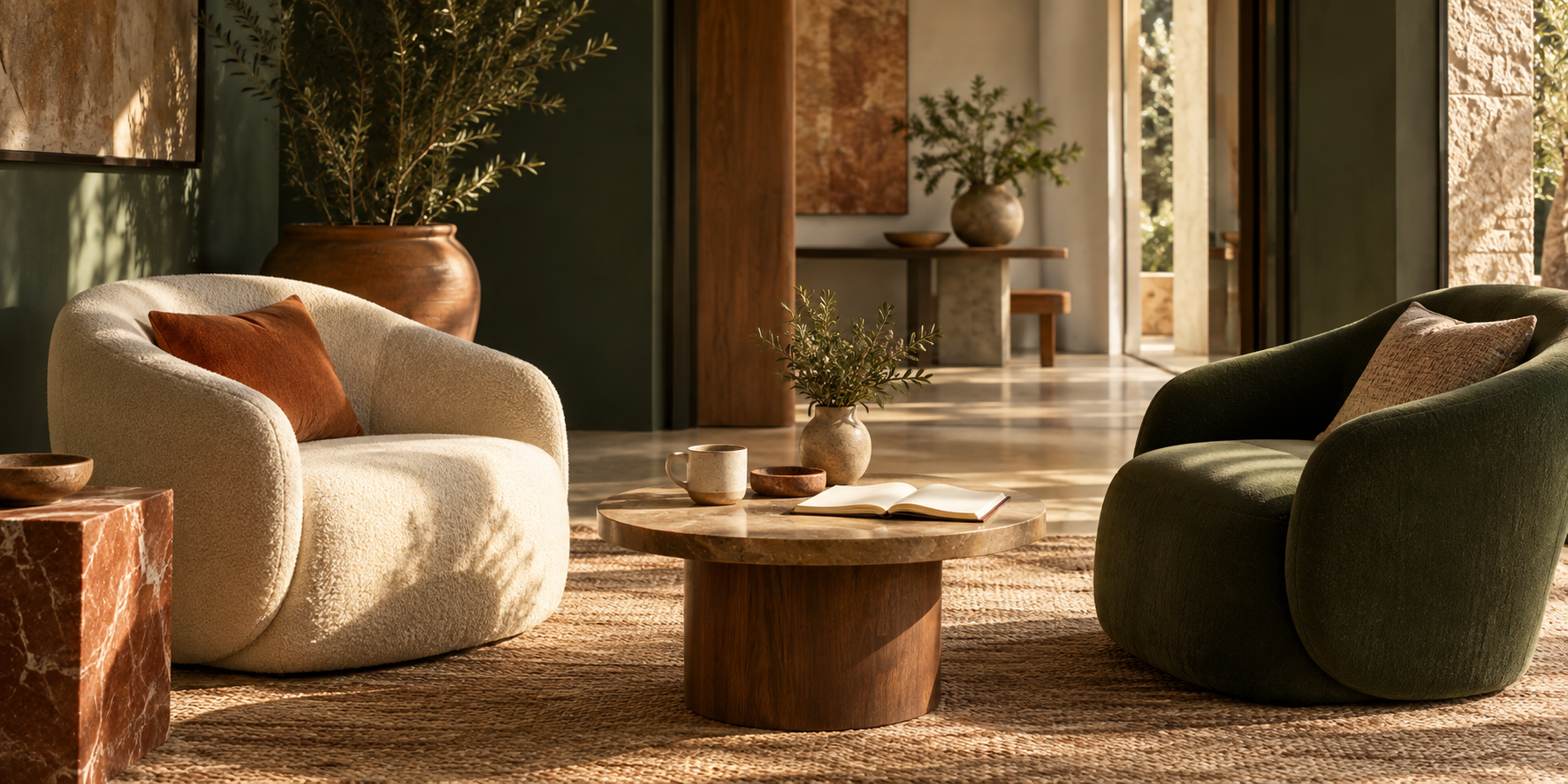 Two warm, sculptural chairs arranged for a considered conversation