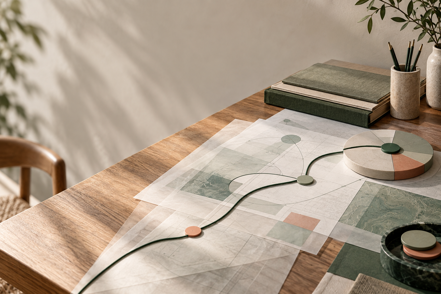 Layered planning materials connected by a green line